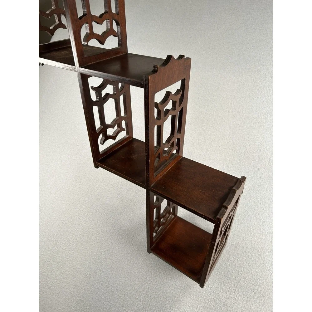 VTG Mahogany? Wood 3 Tier Wall Shelf Carved Fretwork 24